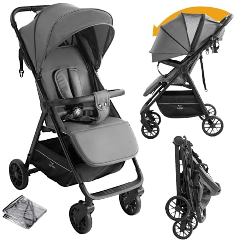 Passeggino leggero,comfort con chiusura compatta, reclinazione multiposizione, ampio cestello portaoggetti, capottina, passeggino da viaggio per bambini piccoli con telaio in alluminio (grigio)