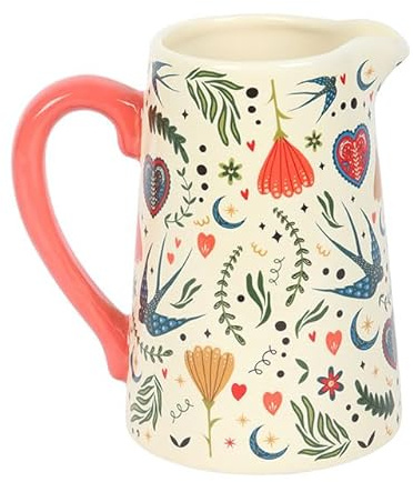 Cream Folk Print Ceramic Flower Jug | Rustic Ceramic Pitcher with Floral Folk Design | 18cm Vase for Fresh or Dried Flowers | Decorative Country Home Accent Gift