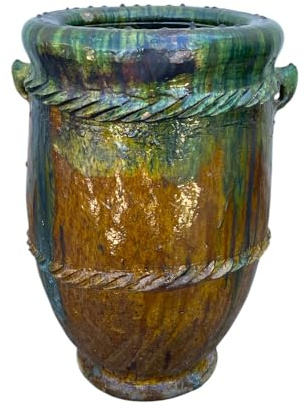 Marokkanische Vase Tamegroute, Amphore, handgefertigt, aus Keramik, Grün und Ocker, 38 x 38 x 62 cm