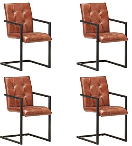 Zeehear Cantilever 4 Pieces Brown Genuine Leather Dining Chairs with Retro Design Padded Swing Chair for Kitchen & Dining Room Heavy Duty Steel Frame