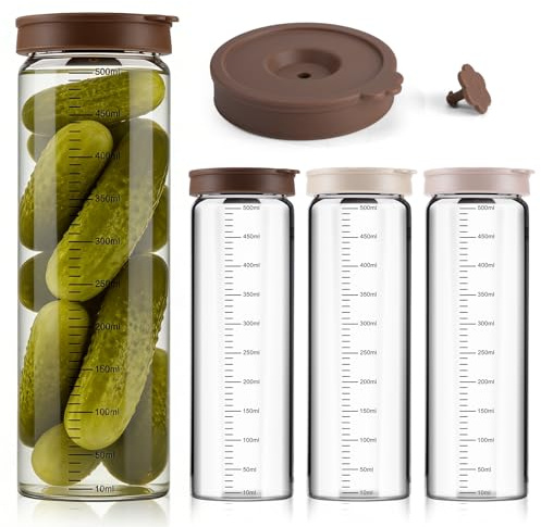 Kit de Fermentation Bocal en Verre 4 Pièces Transparent avec Graduation Étanche Sans Fuites, Résistant à la Chaleur (-20℃ à 150℃) pour Levain, Choucroute, Kimchi, Kombucha, Oats Overnight (500 ml)
