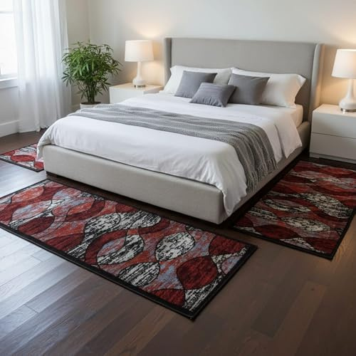 Tris Tappeti Camera da Letto - Set 3 Pezzi in Soffice Polipropilene - 1 Tappeto Fondo Letto 70x140 + 2 Laterali 60x110 - Antiscivolo - Morbido e Facile da Pulire - Design Flowers