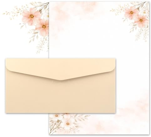 30 Stück Briefpapier mit Umschlag Set für Briefe, Liebesbriefe,Einladungen | 20 100g/m² Briefpapier Schönes Blumen,10 Beige Briefumschläge ,für Hochzeiten, Geburtstage, Weihnachten und Thanksgiving