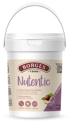 Borges Professional - Crema de Avellana Blanca Nutentic 13% 1kg Sin Gluten, Sin Lactosa, Vegana, Baja en Azúcares, Sin Aceites Tropicales para Repostería y Heladería