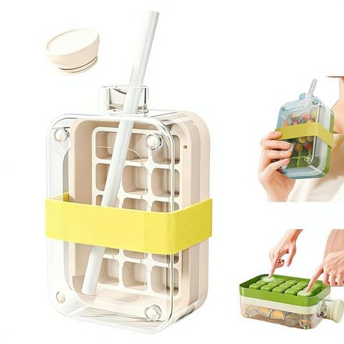 2 in 1 Reusable Ice Cube Tray with Straw Cup, Easy Press Ice Tray Water Bottle Portable Container for Outdoor Camping Picnic Home Kitchen Beer Drinks Fruit Tea