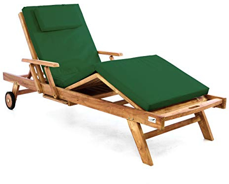 Divero Sonnenliege Holzliege Gartenliege Deckchair Teakholz behandelt verstellbar + Räder Tablett + Liegen-Auflage 4-teilig wasserabweisend dunkelgrün