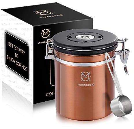 MAGICAFÉ Coffee Container Vacuum Sealed - with Co2 Valve Airtight Beans Grounds Storage Coffee Canister with Scoop Medium Copper 16oz