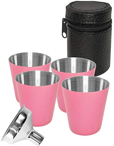 Outdoor Saxx Juego de 4 vasos de acero inoxidable, con funda de piel y embudo de relleno, color rosa