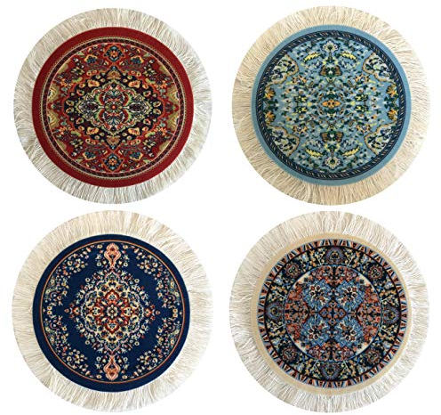 Teppichuntersetzer, Set mit 4 türkischen Teppichen, Tisch-Getränkematten, saugfähiges Küchen- und Esszubehör, Auslauf- und Tropfschutz, rund