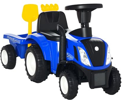 HOMCOM Tractor sin Pedales para Niños de 12-36 Meses con Remolque Extraíble Coche Correpasillos con Bocina Faros Pala Asiento de Suelo 25 cm y Rastrillo Carga 25 kg 91x29x44 cm Azul