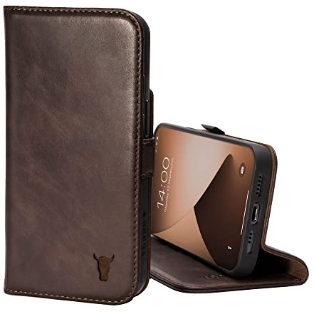 TORRO Leather Case Compatible with iPhone 14 Pro – Genuine Leather Wallet Case/Cover with Card Holder and Stand Function (Dark Brown)