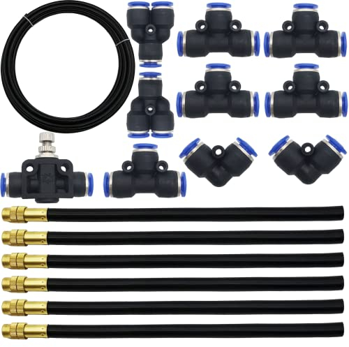 CESFONJER 5M PE Air Hose Pipe Tube Kit, with 6 Pcs Quick Sprinkler Head Universal Adjustment, Watering and Flower Watering Irrigation Micro Spray New Nozzle and 10 Pcs Air Push Quick Fittings