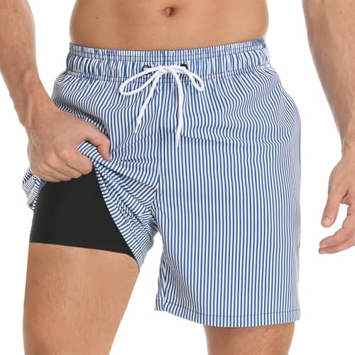 outfit spring Badbyxor för män med kompressionsnätfoder, 2 i 1 snabbtorkande korta badshorts, justerbar dragsko väska män simbyxor boardshorts för strand surfing sport fritid, Blå vita ränder, M