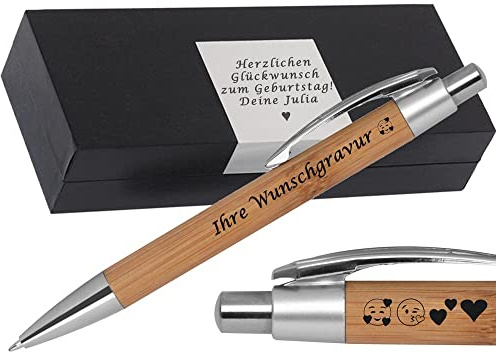 Generisch Kugelschreiber mit Gravur aus Bambus | blau schreibend | Kugelschreiber personalisiert | Wunschgravur mit Symbolen PS216