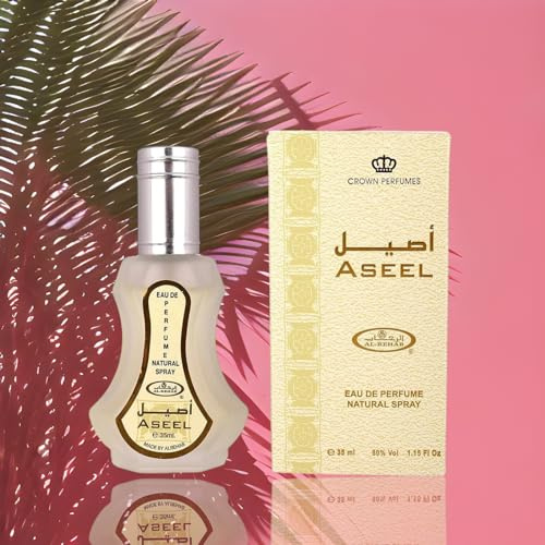 Aseel 35ml Perfume Spray by Al Rehab oriental vanilla scent that features red rose, sandalwood, mint, vanilla, caramel, agarwood & saffron.