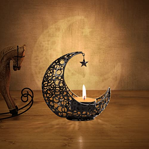 Encuryna Moon - Portacandela in metallo, nero, decorazione per festival, da tavolo, 11 cm