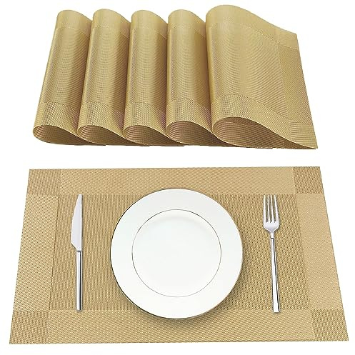 Lumaca Tischsets Abwaschbar, Set mit 6 Platzset aus 70% PVC und 30% Polyester, rutschfest, Hitzebeständig, für Küchentisch,Gold