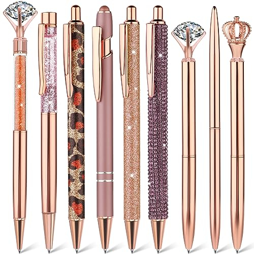 TIESOME 9Pcs Cute Ballpoint Pens Set, lila Fancy Stifte Bling Glitter Metall Stift für Journaling mit schwarzer Tinte einziehbare Stifte Geschenk für Frauen Mädchen Brautjungfer Hochzeit (Roségold)