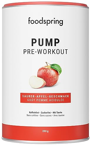 foodspring Pump Pre-Workout für den Extra-Boost im Training – Pre Workout Drink koffeinfrei & ohne Zucker – Mit Taurin, Vitamin C & Kalium (390g | Saurer Apfel)