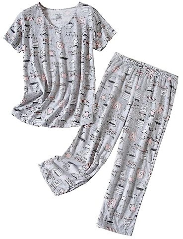 AMDOLE Bequemes Outfit mit Nackenanzug, kurzärmelig, bequemster Damen-Pyjama, grau, L