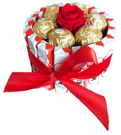 Tartas Kinder: Cesta de chocolate perfecta para regalar en Navidad, San Valentín y cumpleaños con Kinder Bueno, Schoko Bons, Ferrero y flores preservadas (Circular mini con rosas)
