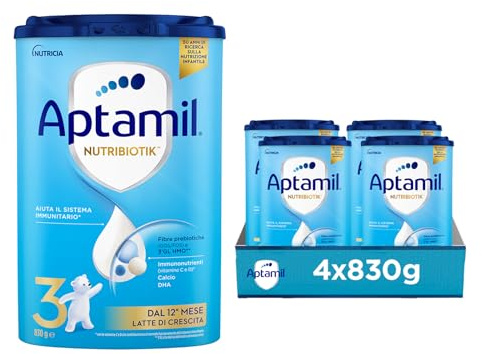 APTAMIL Nutribiotik 3 - Latte di Crescita in Polvere per Bambini dai 12 mesi - Confezione da 3320 grammi (4 confezioni da 830g)