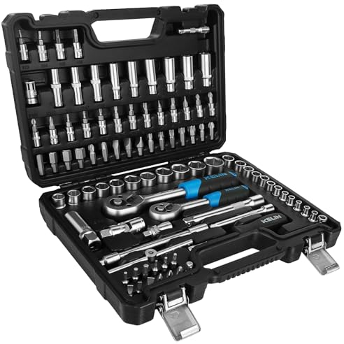 KELIN Steckschlüsselsatz 94 tlg, Ratschenschlüssel Knarrenkasten Set mit Umschaltknarre 1/4 und 3/8, inkl. Gängigen Torx - Bitsatz, Verlängerungen, Steckschlüssel Set und Nüsse für Heim (94)