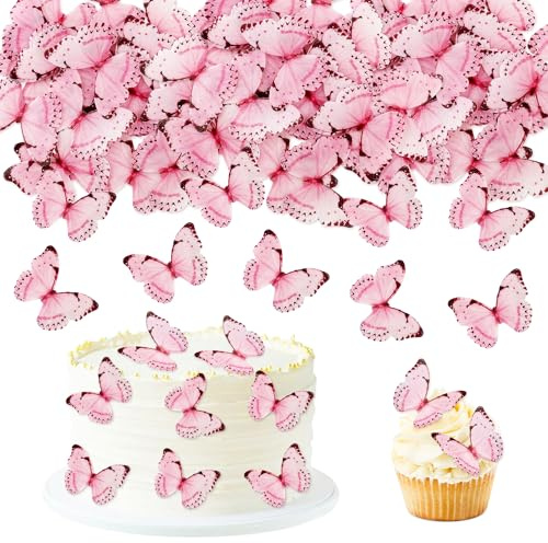 Blumomon 48Pcs Edible Butterfly Cupcake Toppers 3D Edible Butterfly Cake Topper Pink Butterfly Cupcake Decoration Picks Wedding Baby Shower Party Wedding Anniversary Birthday Party Cake Decoration