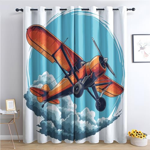 Vorhänge Flugzeug Kinder, Verdunkelungsvorhang 2er Set - Vorhang Blickdicht Jungen Mädchen Muster, Thermovorhang für Deko Wohnzimmer Schlafzimmer Kinderzimmer, Gardinen mit Ösen 160x132 cm (HxB)