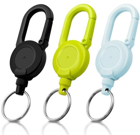 Schlüsselanhänger Ausziehbar 3 Stücke Schlüsselband Ausziehbar, Einziehbarer Schlüsselanhänger Ausweis JoJo mit 60cm Stahldrahtseil, Ausweishalter Ausziehbar mit Karabiner (Schwarz + Grün + Blau)