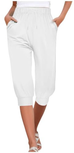 Flodxo Caprihose für Damen, 3/4-Hose, weich, 3/4-Hose, Stretch, Freizeithose, elastischer Bund, Kordelzug, Übergröße, Sommer-Shorts zum Wandern, Spazierengehen, Weiß 35, S