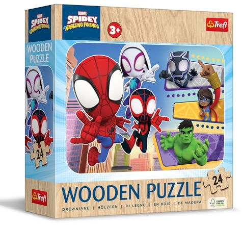 Trefl - Holzpuzzle: Marvel, Spidey and his Amazing Friends | Mutiger Spiday und Freunde 24 Elemente, Wooden Puzzle, gerundete Kanten, Dekoratives Muster auf der Rückseite ab 3 Jahren