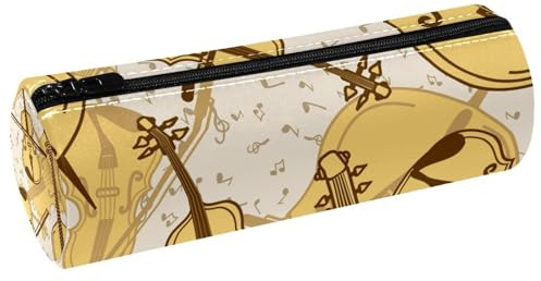 Stifteetui aus Leder mit Kontrabass- und Violinen-Motiv, Münzgeldbörse, Kosmetiktasche für Studenten, Schreibwaren, Schule, Büro, multi, 20x6.3cm/7.9x2.5in, Federmäppchen