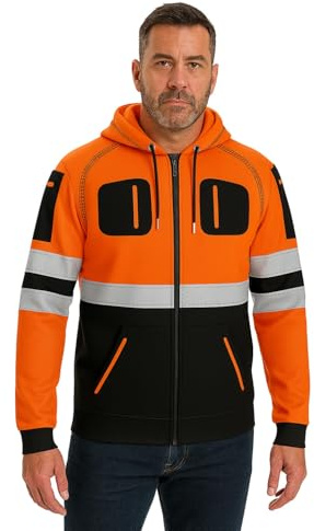 kraftd Mens Hi Viz Front Zip Hoodie Reflective Tape High Visibility Safety Coat with Zips Utility Phone & Gadget Pockets Sweatshirt Top Jacket UK