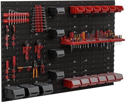 Lagersystem Werkstattregal | 117 x 78 cm | 19 stck. Box | Wandregal mit Werkzeughalterungen und Stapelboxen - Wandplatten Extra Starke Schüttenregal Warkzeuglochwand Lagerregal Garage Regal