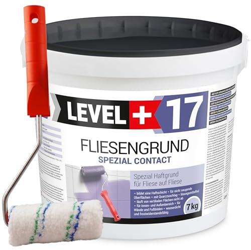 Level + 17 Fliesengrund Spezial Contact für Fliese auf Fliese - Spezial-Haftgrund mit Quarzsand für Fliesen, Glasmosaik, Naturstein - Grundierung für Innen & Außen - Lösemittelfrei - 7kg & Farbroller