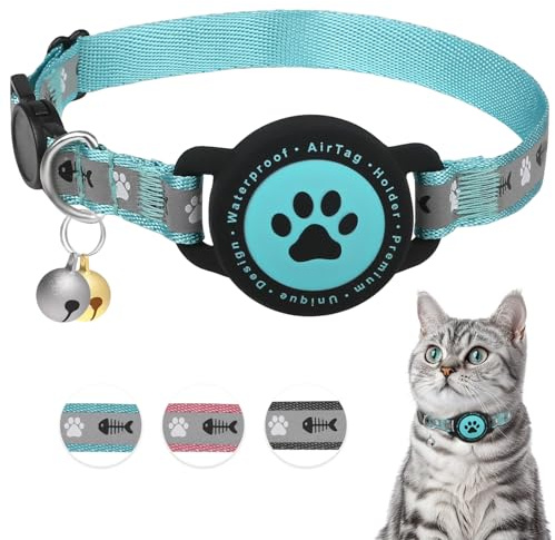Waterproof Airtag Cat Collar, Reflective Cat Airtag Collar with Bell, Breakaway Cat Collar AirTag Holder, Lightweight Kitten Collar for Apple Air tag, Cat GPS Collars for Girl Boy Cats, Kitten (Teal)