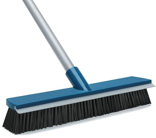16-Inch Push Broom Outdoor with Rubber Squeegee and 58 Long Handle, 2 in 1 Commercial Broom Brush with Stiff Bristles for Deck Patio Garage Warehouse Driveway Concrete Floor Cleaning Scrubbing