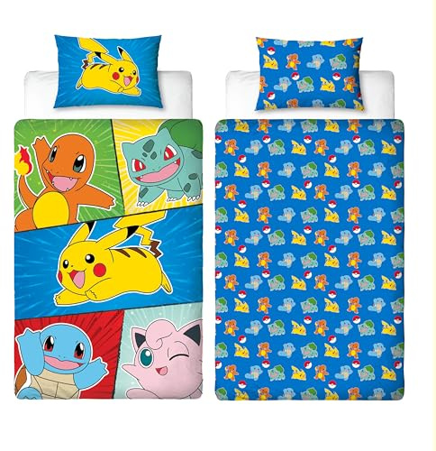 Parure de lit Simple Pokémon sous Licence Officielle rétro | Parure de lit réversible Double Face avec taie d'oreiller Assortie | Parfait pour Chambre d'enfant | Polycoton