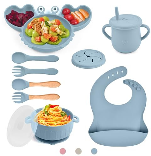 Bwaliffury Set Pappa Svezzamento, Set di Stoviglie per Bambini in Silicone, Stoviglie per bambini in Silicone, Ciotola, Piatto, Tazza, Cucchiaio, Set Pappa senza BPA