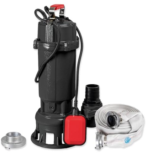 WALTER Schmutzwassertauchpumpe inkl. Schneidwerk, 20m C-Schlauch (1100W, 21.000l/h, Förderhöhe max. 15m, Anschlusskabel 8m, Thermoschutz) Fäkalienpumpe mit Zerkleinerer