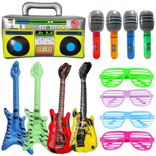 Aufblasbare Instrumente Party Ballons Set - 13 Stück Inflatable Musikinstrumente Zubehör Gitarre Bässe Mikrofon Radio, Rock Star Toy Brille für Kinder Erwachsene Konzert Tanz 70er 80er Karaoke Deko