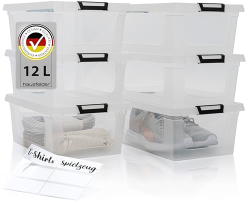 Hausfelder Aufbewahrungsboxen 6er Set, 12 l, mit Deckel, transparent | Kunststoffboxen & Vorratskisten mit Deckel für Küche, Keller und Haushalt, stapelbar, transparent
