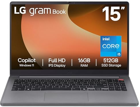 LG gram Book 15U50T - 15 Inch FHD IPS Lightweight Laptop, Intel Core i5 1334U, 16GB RAM, 512GB SSD, Windows 11 Home, Copilot, HD Webcam with Privacy Shutter, Titan Silver