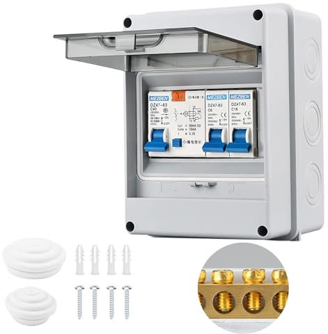 2 Way Consumer Unit Circuit Breaker, IP65 Protection 2 Way Power Distribution Box for Garages, Caravans, Workshops, Villas, Planting Bases, Leakage Short Circuit Protection