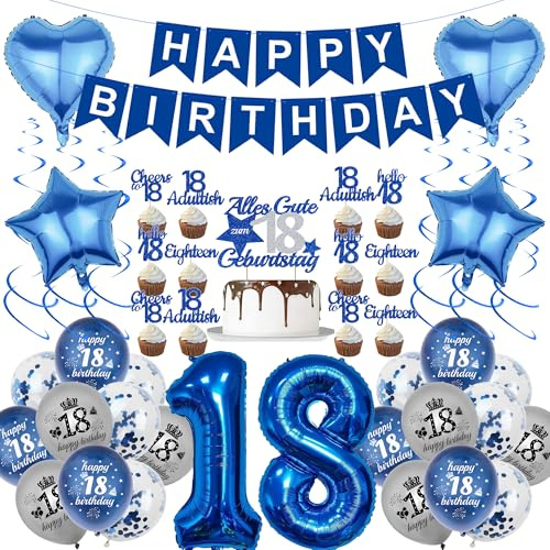Deko 18. Geburtstag Junge Blau - 41 Stück für 18 Jahre Geburtstagdeko | Blau Happy Birthday Girlande Luftballons Nummer 18 Folienballon Tortendeko für Junge 18 Jahre jungen Madchen Geburtstagdeko