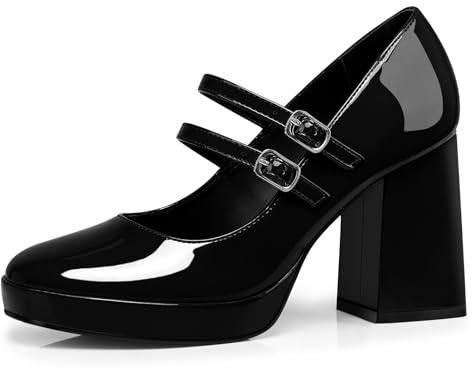 CELLENZ Women Mary Jane Shoes: Black Patent Comfy High Heels Size 7 | Closed Toe Platform Chunky Pumps -Formal Dress Pumps for Lady - Dressy Party Prom Shoe