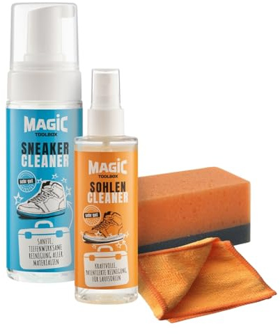 Magic Toolbox Sneaker Cleaner Set | Reinigungsschaum & Midsole-Cleaner-Spray, Schuhreiniger, Schuhputzmittel-Set für Glattleder, Wildleder, Nubuk, Mesh, Canvas etc. inkl. Schwamm & Mikrofasertuch