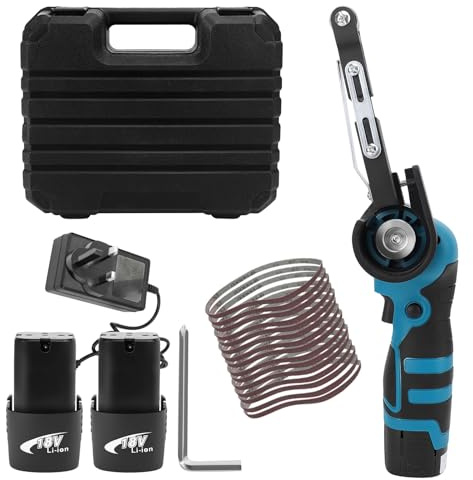 WODHMIEY Cordless Belt Sander 16.8V Electric File with 2 Batteries & 15 Sanding Belts 80–1000 Grits Adjustable Angle Powerful Motor, for Wood Metal DIY Furniture Car Parts Detail Grinding in Blow Case