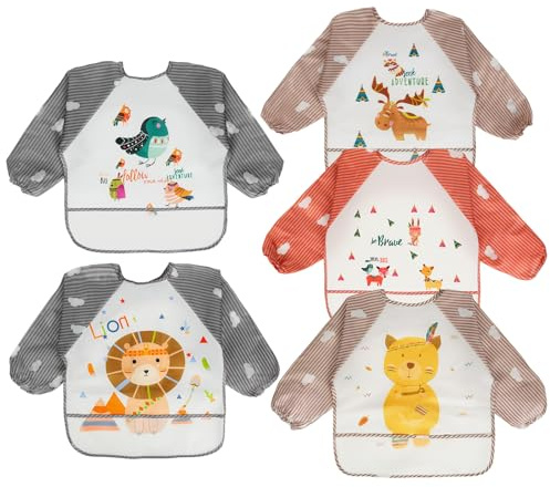 5PCS Baby Lätzchen mit Lange,Wellcutety Ärmeln mit Großer Tasche Wasserdicht Kinder Lätzchen Baby Bibs Set für Kleinkinder Babylätzchen mit Ärmeln für 6-36 Monate Kinder für Essen Basteln Malen Kunst